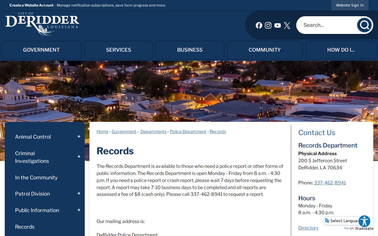 DeRidder criminal records instructions from DeRidder Police Records